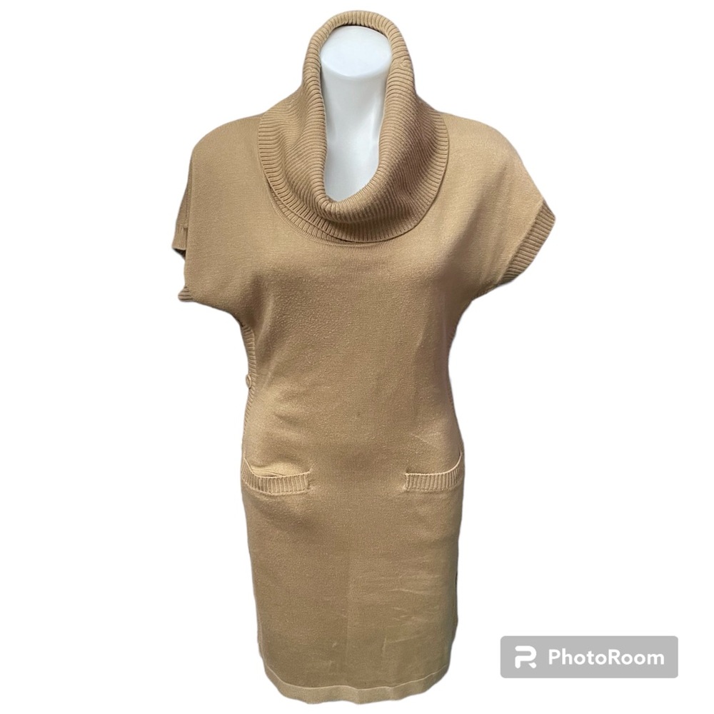 Calvin Klein Tan Taupe Button Side Cowl Neck Knit Sweaterdress - Small